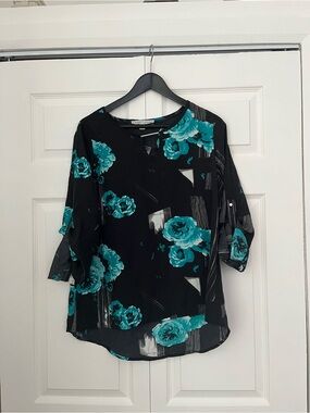 Larry Levine Black Blouse with Teal Floral Print